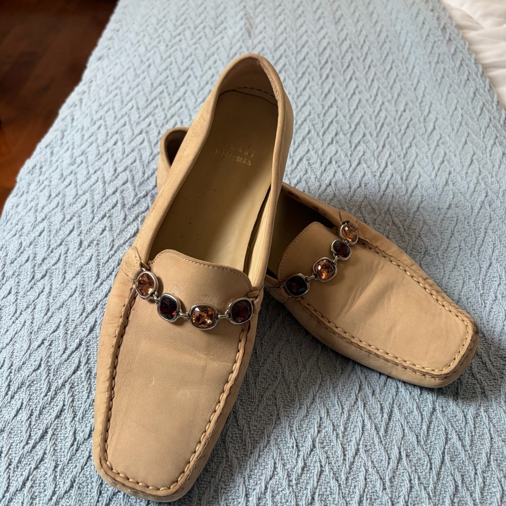 Stuart Weitzman Beige Leather Loafers with Amber Jewel Trim